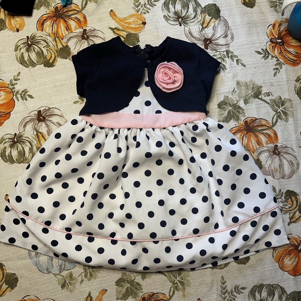 🎀 Sweet Infant Girl Dress in Navy Polka Dots with Pink 🎀